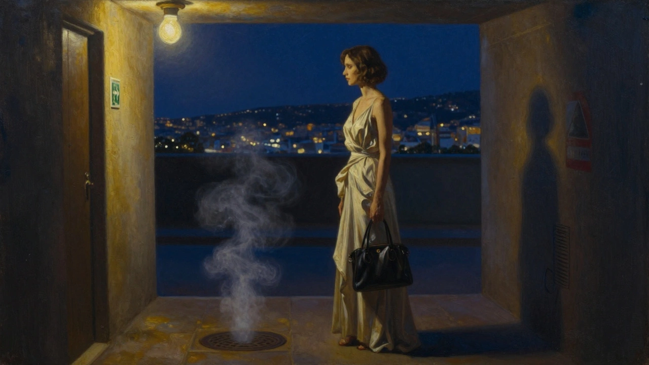 A solitary woman stands in a dim hotel alley, wearing a gown, illuminated by a single flickering light.