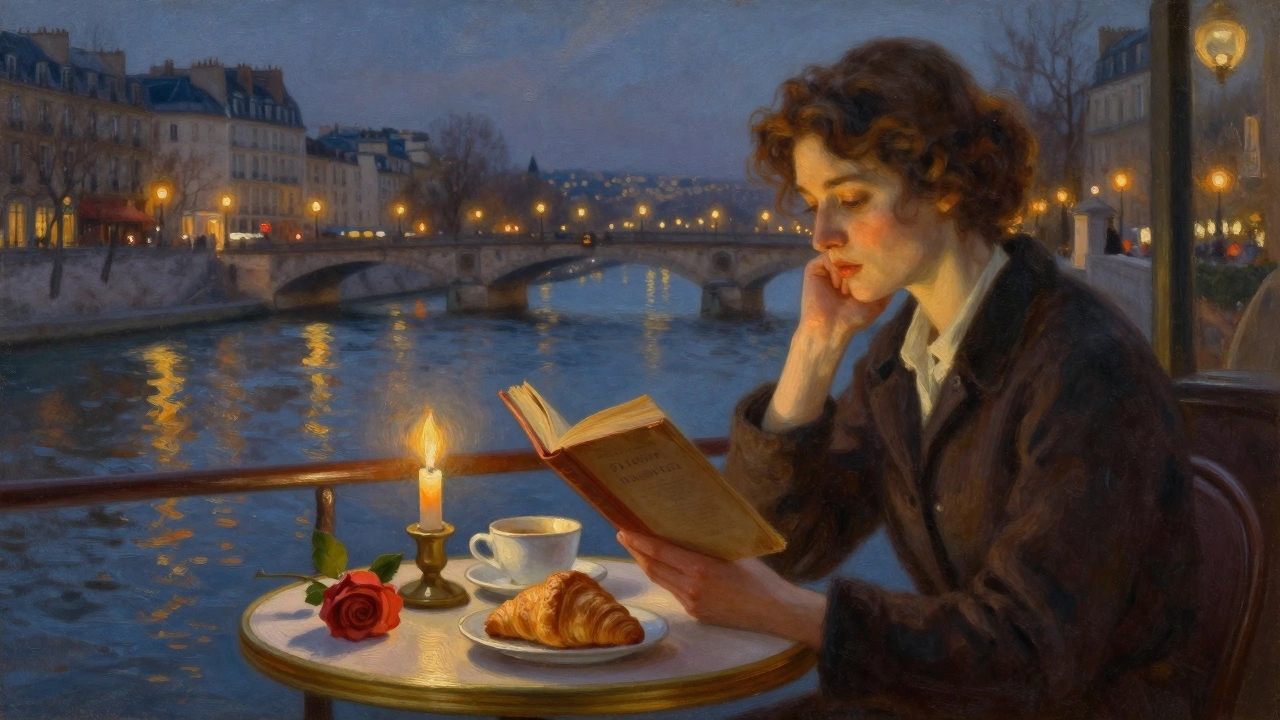 A woman reads quietly at a Paris bistro, candlelight glowing beside her croissant and half-finished cup of coffee.