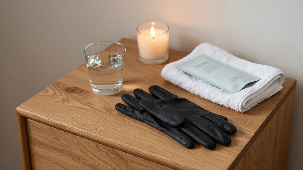 Love Bites Gloves with cleaning supplies and packaging on a nightstand, candle glowing softly.
