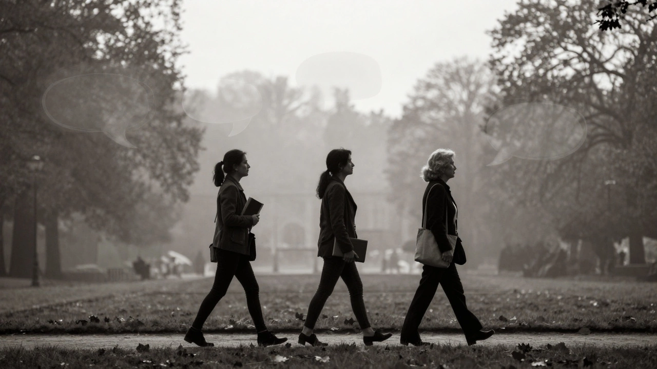 Three women of varying ages walk together through Luxembourg Gardens at twilight, their figures fading into the mist.