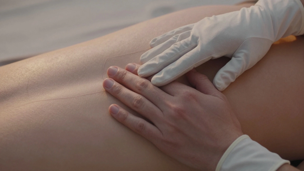 Two hands gently touching skin—one gloved, one bare—highlighting intimate tactile connection.